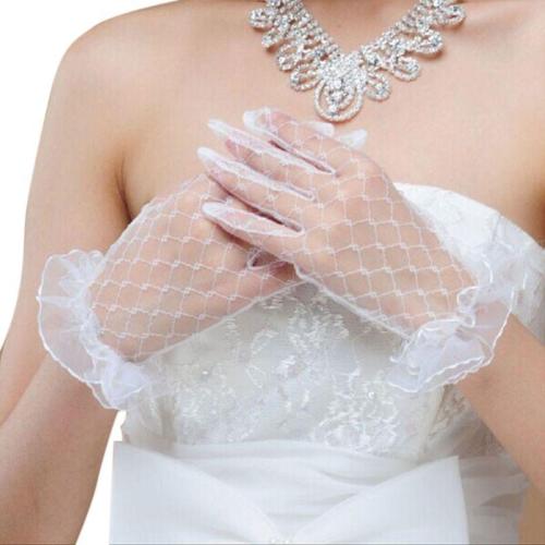 Bride Wedding Gloves Beige Short Design Lace Gauze Transparent Women Gloves 2018 UV-Proof Summer Women Fishnet Mitten R5