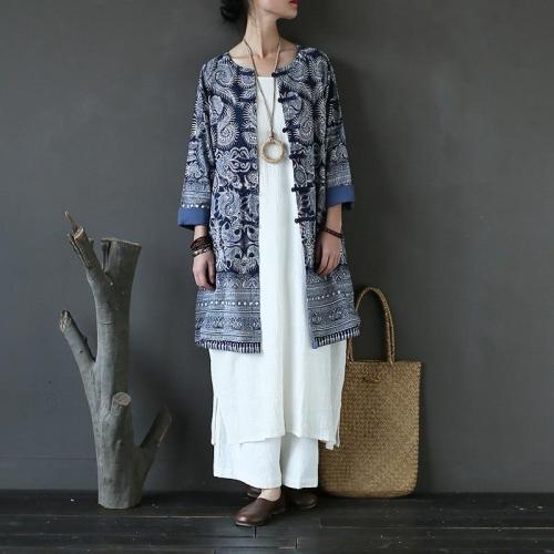 Blue and White Long Linen Cardigan