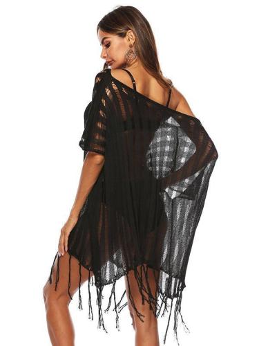Loose Off-the-Shoulder Knitted Tasseled Beach Cover-Up