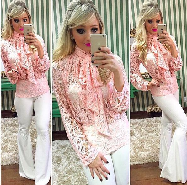Long Sleeves Strap Bowknot Lace Blouse