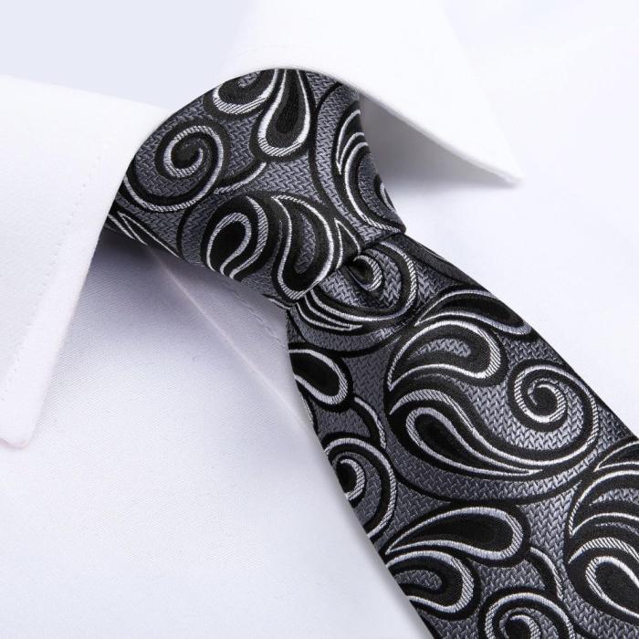 SJT-7182 EBUYTIDE Classic Black Gray Paisley Ties for Men 100% Silk Necktie Hanky Cufflinks Ties Business Wedding Party Tie Set