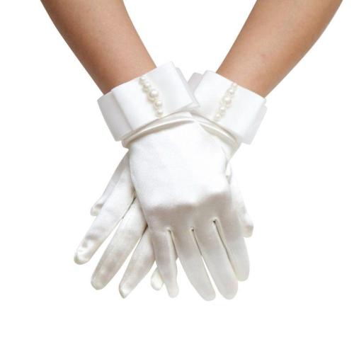 Womens Short Full Fingers Faux Pearl Beaded Bridal Wedding Gloves With Bow Satin