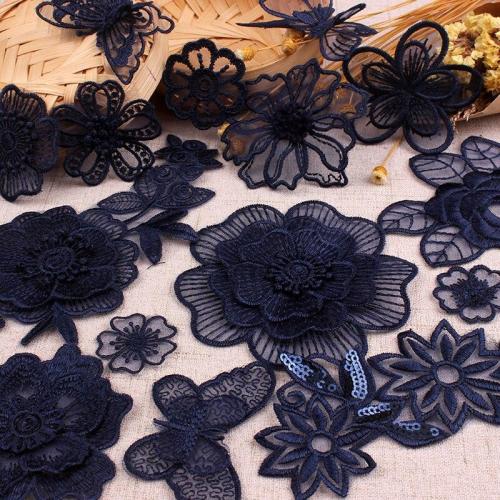 Navy Dark Blue lace embroidery patch sew on Clothes Organza Flower Butterfly embroidered patches for clothes Applique Stickers