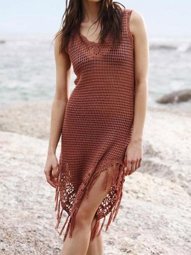 Knitted Tasseled Brown Beach Mini Dresses