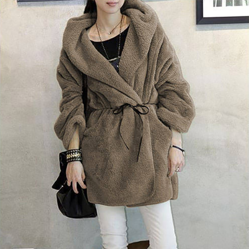 Fashion Pure Colour Thickened Wool With Belt Outerwear
