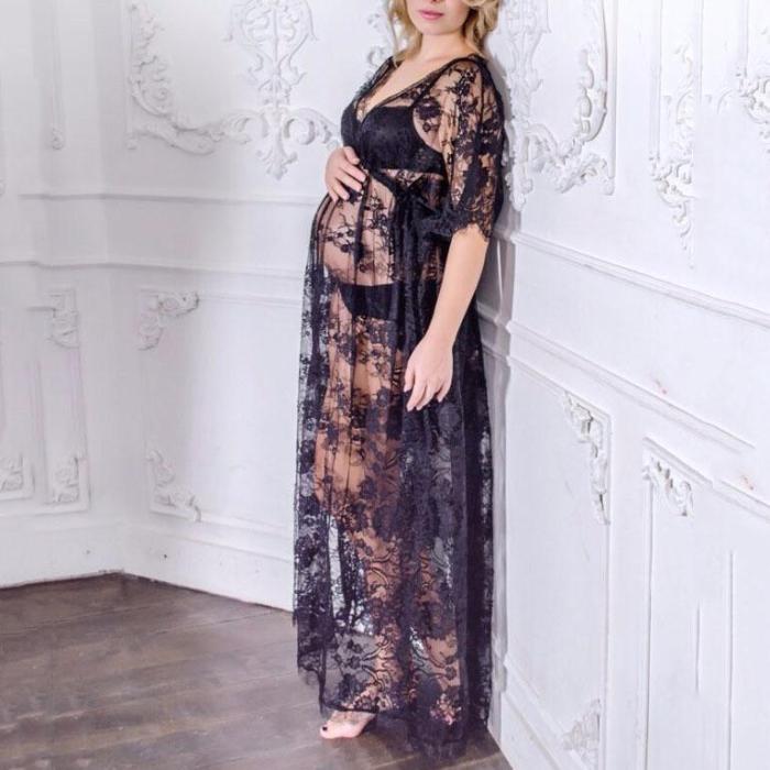 Maternity Solid Black Sexy Lace Dress