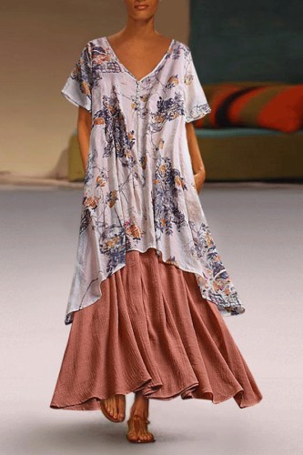 Summer Patchwork Print Plus Size Vintage Maxi Dress With Pockets