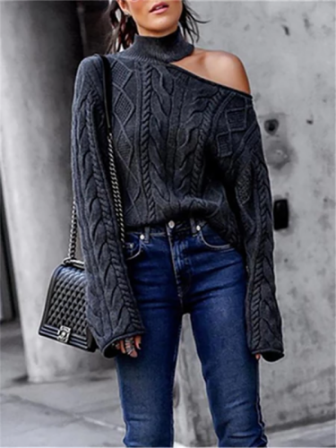 Twisted High Neck Pullover Off-The-Shoulder Knitted Sweater
