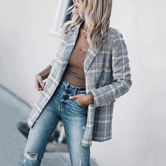 Women's Vintage Check Double-breasted Long Sleeve Blazer