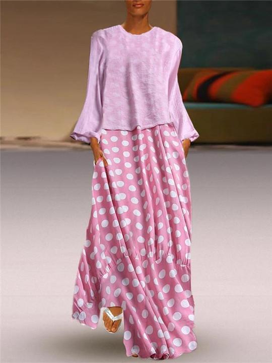 Fashion Polka Dot Round Neck Long Sleeve Maxi Dresses