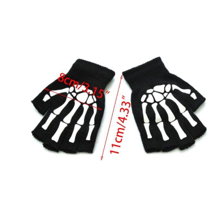 Kids Halloween Cosplay Skeleton Half Finger Gloves Luminous Fingerless Mittens