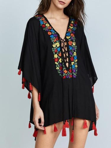 Red Tassels Bandage Sleeveless Embroidered Cover-Ups