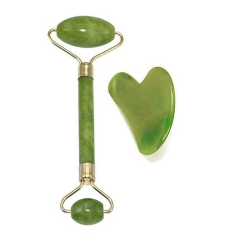 2 In 1 Green Roller Gua Sha Tools Set Face Natural Jade Scraper Home Portable Massager Stones Back Jawline Health Care Tools