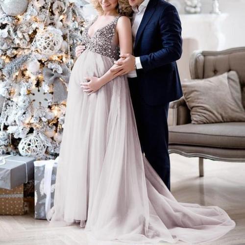 Maternity V-Neck Maxi Tulle Gown With Tonal Delicate Sequins