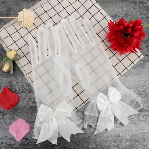 1 Pair Women's Lace White Bow Bride Wedding Gloves Ladies Short Lace Gauze Gloves Party Cosplay Accessories