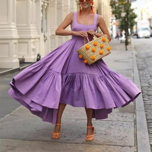 Fashion Solid Color Ruffle Splicing Spaghetti Strap Dress