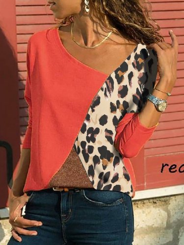 Asymmetric Neck  Patchwork  Contrast Stitching  Color Block Long Sleeve T-Shirts