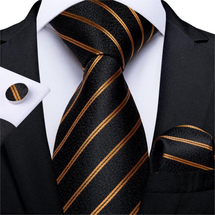 Gift Men Tie Luxury Gold Black Striped Paisley Silk Wedding Tie For Men EBUYTIDE Designer Hanky Cufflinks Fashion Tie Set