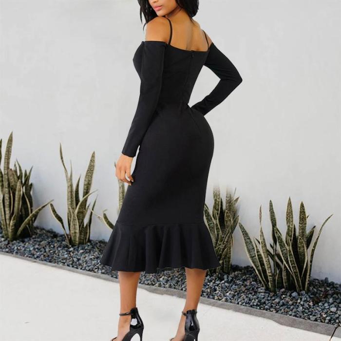 Solid Color Long-Sleeved Ruffled Fishtail Dress