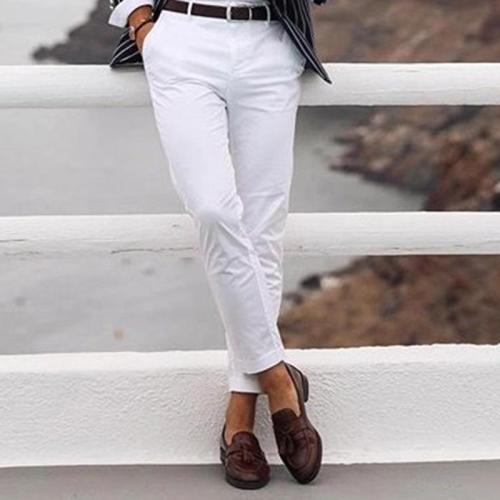 Men's Fashion Casual Straight Trousers White Jeans Stretch Slim Pants