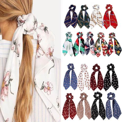 2020 Boho Chain Floral Print Ponytail Scarf Bow Elastic Hair Rope Ties Scrunchies For Women Girls Elegant Hair Bands Accessories