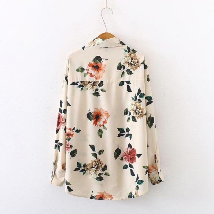 Women Summer Casual Small Fresh Floral Print Lapel Long Sleeve Loose Fashion Shirt Blouse