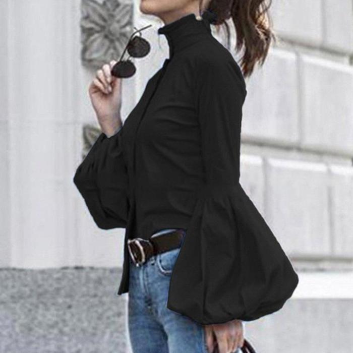 Elegant Fashion Slim High Collar Long Sleeve Puff Cuff Button Blouse