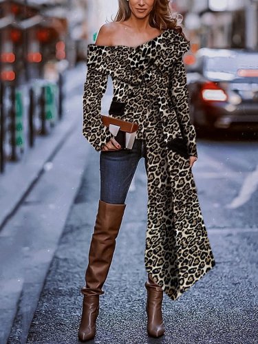 Sexy Fashion Strapless Leopard Print Long Sleeve Blouse