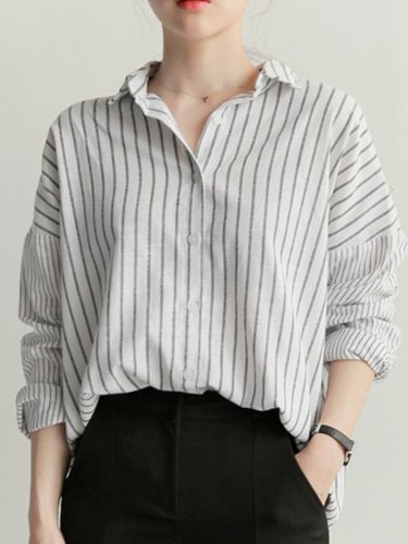 Turn Down Collar  Patchwork  Stripes Blouses
