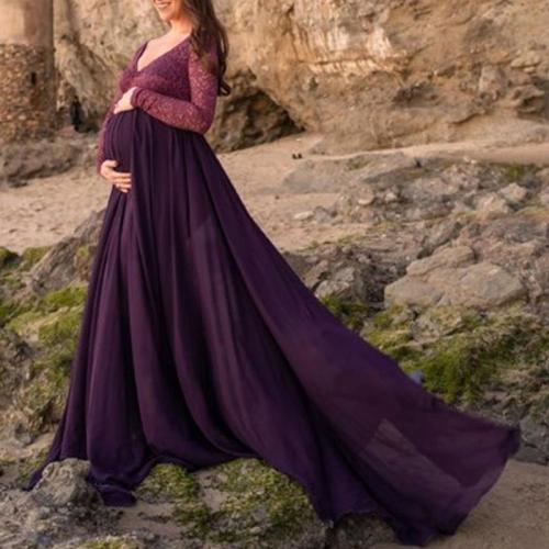 Maternity V-Neck Long Sleeve Splicing Maxi Dress