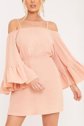 Nude Pink Off Shoulder Pure Color Mini Dress