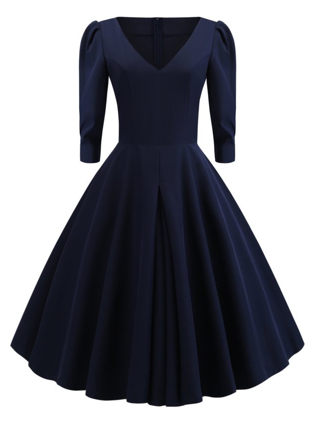 Dark Blue 1950s Solid 3/4 Sleeve Dress