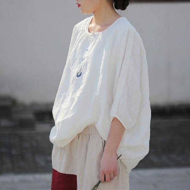 Embroidered O Neck Linen Blouse