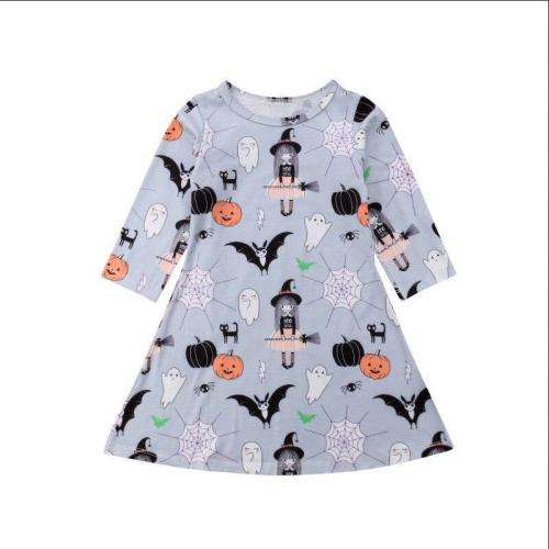 Emmababy Toddler Kids Baby Girls Cartoon Print Long Sleeve Printed Lovely Fashion Dress Halloween Casual Clothes
