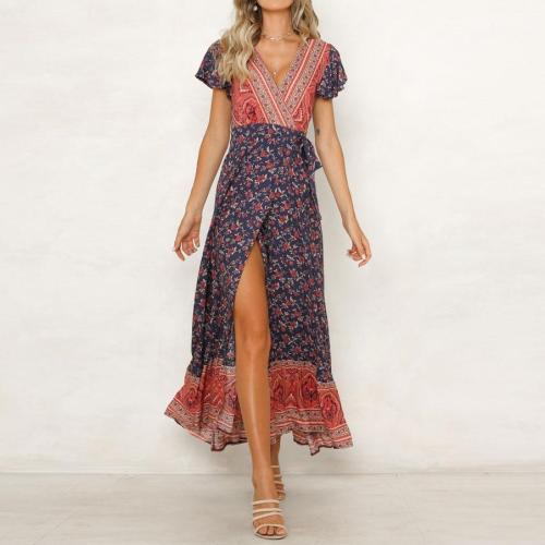 Bohemia Style Printed Belted Slit Vacation Dress