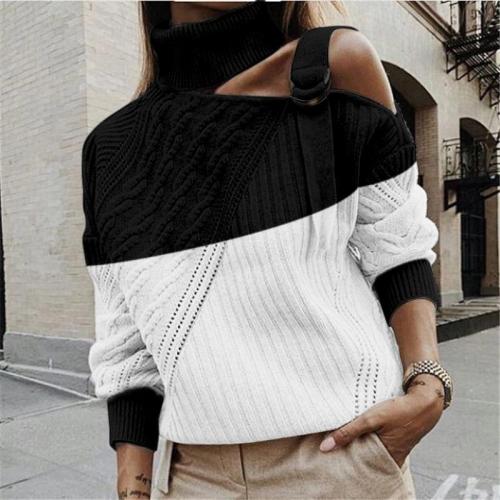 Fashion Pile Collar Off-shoulder Colorblock Twisted Knit Sweater