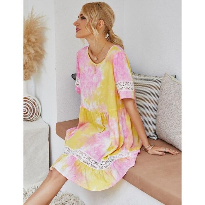 Fashion Lace Dress Womens Summer New Holiday Summer Tie-Dye Pleated Jacquard Vintage Dress