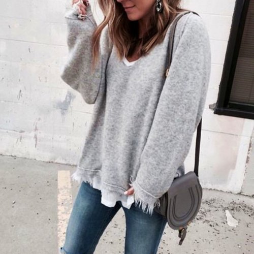 Fashion Plain Long Sleeves Knit Casual Sweater