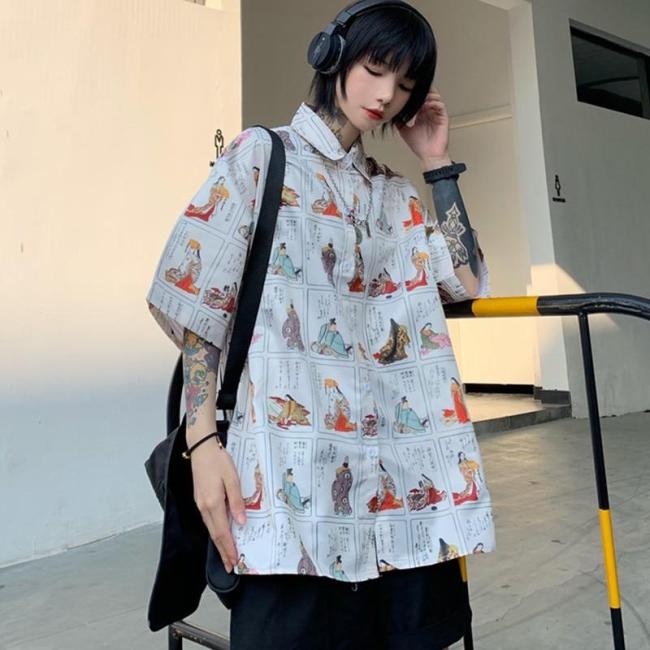 Women Tops Refined Personality Printed Shirt Loose Casual Lapel Short Sleeve Blouses
