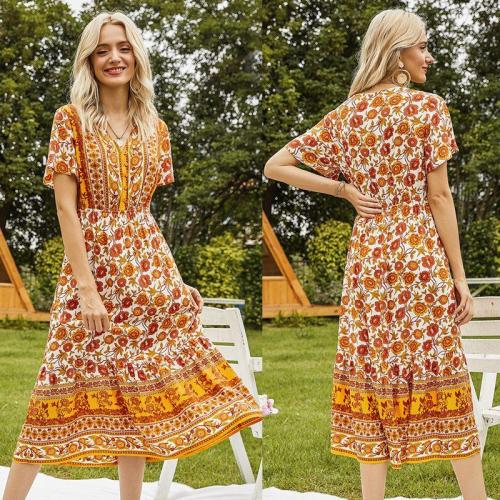 Women'S Printed Floral V-Neck Casual Dress Yellow