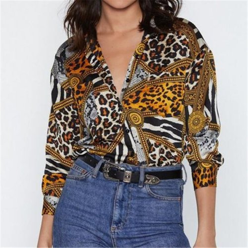 Stylish Deep V Leopard Print Long Sleeved Shirt