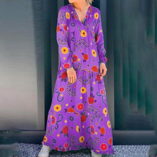 Fashion V-neck Print Stitching Long-sleeved Maxi Dress