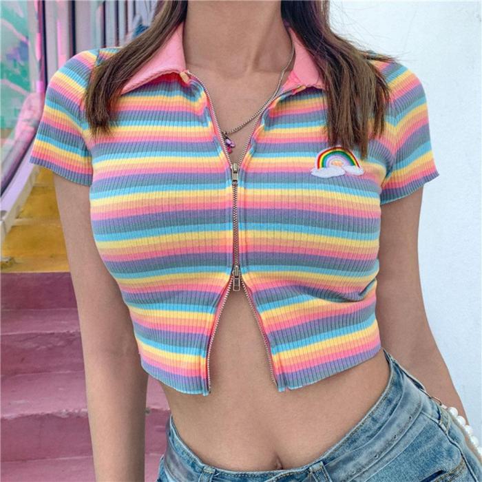 Rainbow Embroidery Zipper Striped Crop Tops