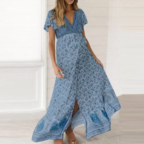 Woman Pregnant Dresses  V-Neck Short Sleeve Floral Print Slit Fashion Long Dress Maternity Gown 2020