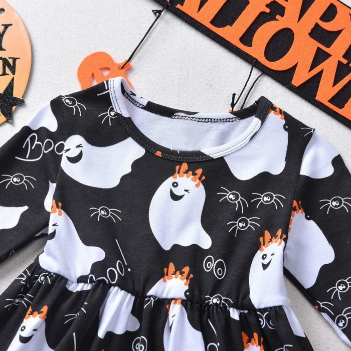 Girl Dress Toddler Kids Baby Formal Halloween Ghost Print Princess Party Dress Outfits Girls Fashion Winter Leisure Dress