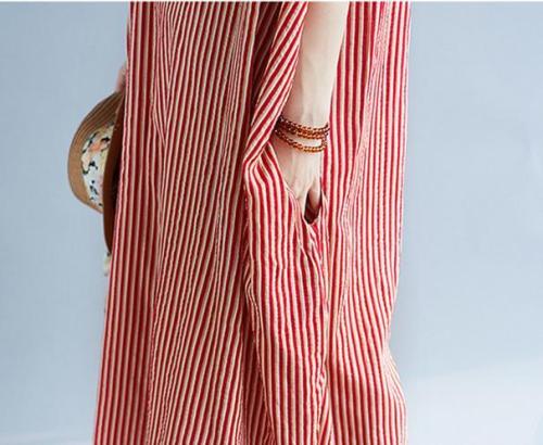 Fashionable Round Collar Loose Stripe Short Sleeve maxi Dress