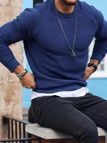 Casual Round Neck Solid Color Slim Men's Knit Sweater