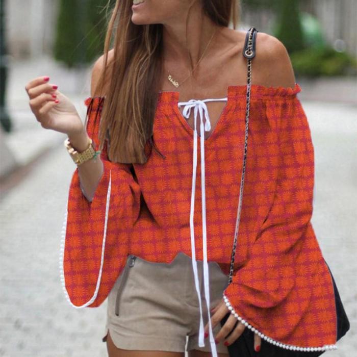 Casual Off Shoulder Lace-Up Flared Sleeve Printed Shirt