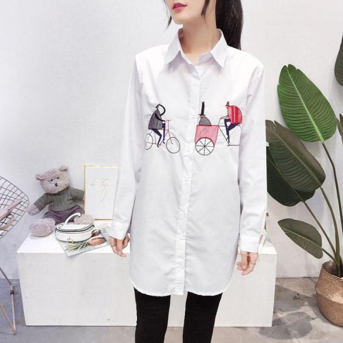 Casual Single Breasted Long Sleeve Blouse Vintage Cartoon Cat Embroidered Shirts Blouses