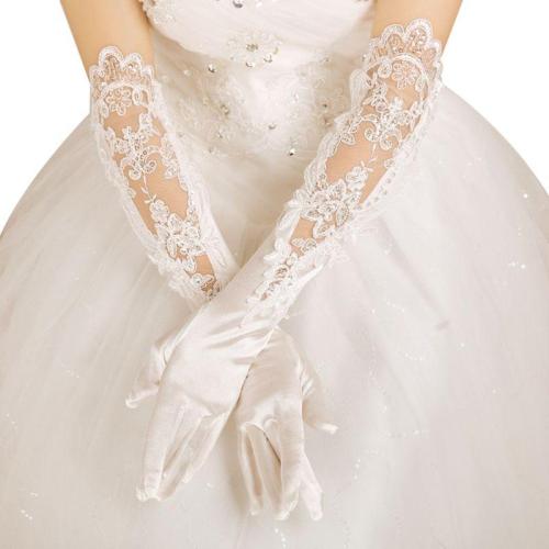 Wedding Bridal Banquet Long Gloves Hollow Embroidery Sequins Floral Lace Applique Elbow Length Full Finger Satin Mittens
